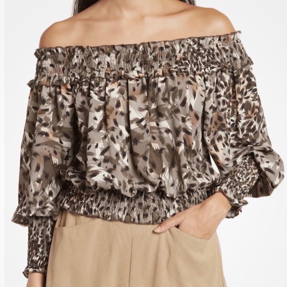 Patrizia‎ Luca Smocked Off-the-shoulder Abstract Animal Smocked Blouse Size XL